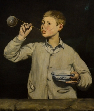 Pintura mostrando um menino fazendo uma bola de sabão