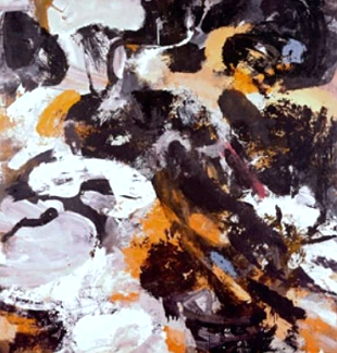 Pintura abstrata em cores preta, branca e amarela