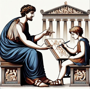 Ilustração mostrando um menino em Atenas aprendendo a desenhar