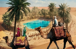Ilustração mostrando um oásis e homens árabes passando em frente com seus camelos