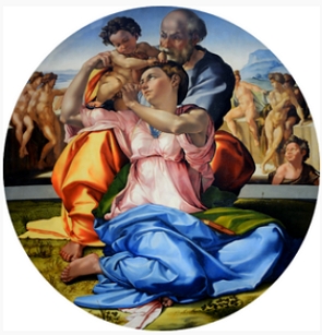 Pintura colorida mostrando Jesus criança com seu pai e sua mãe