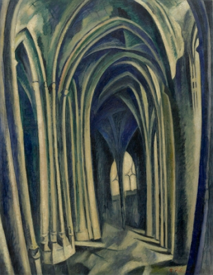 Pintura mostando colunas de uma igreja na parte interna