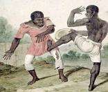 Escravos jogando capoeira no Brasil Colonial: dança e luta.