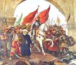 O sultão Mehmed II entrando em Constantinopla após a conquista