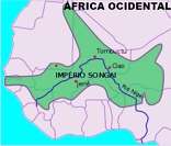 Localização do Império Songai no noroeste da África (em verde no mapa)