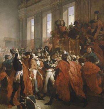 General Bonaparte durante o golpe de 18 Brum&aacute;rio em Saint-Cloud, pintura de Fran&ccedil;ois Bouchot , 1840