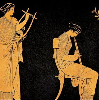 Imagem mostrando uma tocadora de harpa e uma flautista da Gr&eacute;cia Antiga