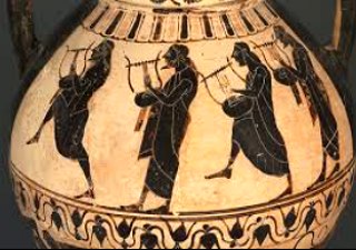 Imagem de vaso grego mostrando quatro m&uacute;sicos gregos tocando a c&iacute;tara