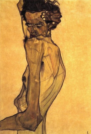 Pintura de um homem fazendo uma pose com o bra&ccedil;o torcido e m&atilde;o atr&aacute;s da cabe&ccedil;a.