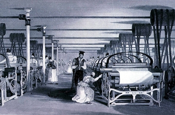 Interior de uma industria t&ecirc;xtil no per&iacute;odo da Primeira Revolu&ccedil;&atilde;o Industrial