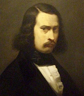 Retrato pintado de um homem branco de cabelo castanho escuro comprido e bigode, olhando de forma séria