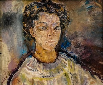 Pintura expressionista do rosto de uma mulher de cabelos curtos