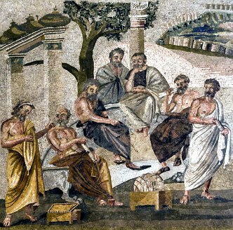 Mosaico romano mostrando a Academia de Plat&atilde;o em Atenas, com v&aacute;rios fil&oacute;sofos.