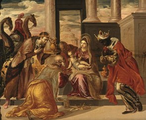 Pinturas mostrando os três reis magos adorando o menino Jesus que está no calo de sua mãe