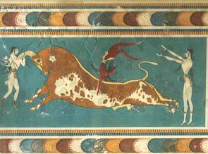 Afresco do Palácio de Cnossos mostrando um homem pulando no dorso de um touro