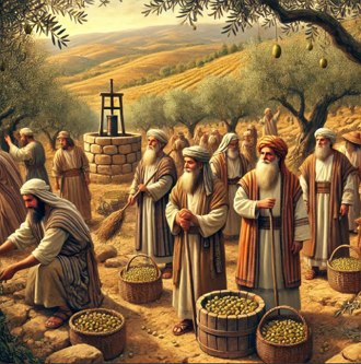 Ilustra&ccedil;&atilde;o mostrando agricultores hebreus colhendo azeitonas