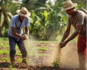 Dois agricultores fertilizando o solo