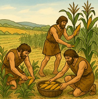 Ilustra&ccedil;&atilde;o mostrando tr&ecirc;s homens do neol&iacute;tico colhendo milho.