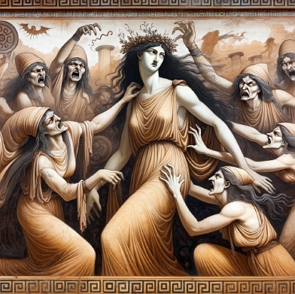 Ilustração de Alcmena sendo atacada por feiticeiras