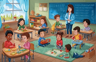 Ilustração mostrando alunos, crianças, em sala de aula com professora. Os alunos estão brincando com brinquedos pedagógicos.