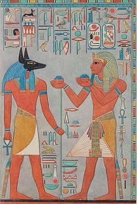 Pintura mostrando o deus egípcio Anúbio ao lado de um faraó