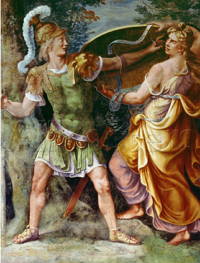 Pintura mostrando o herói Aquiles recebendo as armas de Tétis