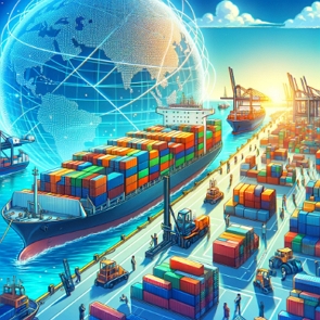 Ilusttração mostrando navios com containers num porto