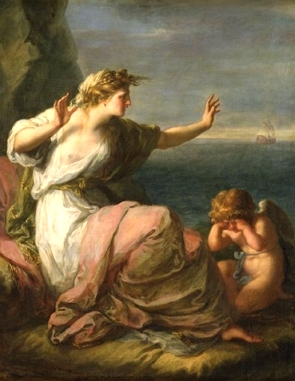 Pintura mostrando uma mulher e ao lado um pequeno anjo