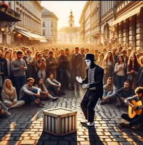 Ilustração mostrando um artista de rua fazendo uma apresentação de arte performática