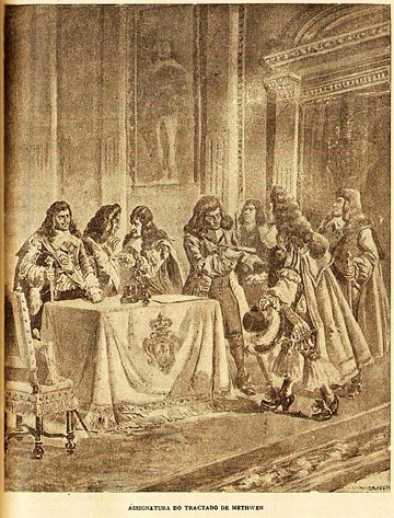 Ilustra&ccedil;&atilde;o de &eacute;poca mostrando a assinatura do Tratado de Methuen