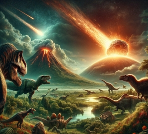Ilustração mostrando a queda do asteroide que levou a extinção dos dinossauros