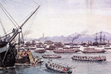 Pintura mostrando navios brit&acirc;nicos atacando a China