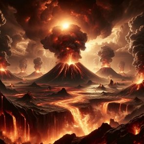 Ilustração mostrando vulcão em erupção