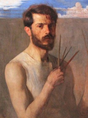 Retrato pintado de Eliseu Visconti segurando pinceis de pintura