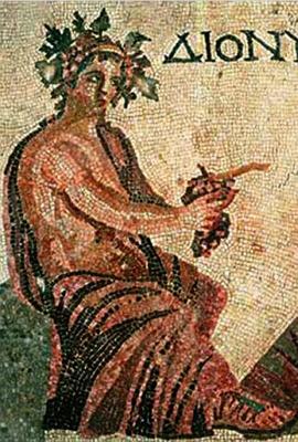Mosaico mostrando Baco, o deus do vinho com um  cacho de uva na mão