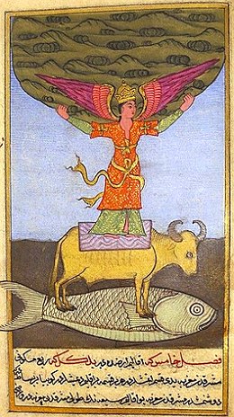 Ilustra&ccedil;&atilde;o mostrando o peixe Bahamut carregando em suas costas o touro gigante (Kuyuta), e na laje de jacinto verde est&aacute; um anjo com terra.