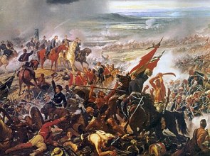 Pintura mostrando uma guerra antiga com os soldados lutando montados em cavalos