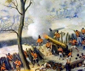 Pintura mostrando soldados e canhões numa batalha
