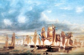 Pintura mostrando navios de guerra