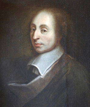 Retrato pintado de Blase Pascal, homem branco, de meia idade, com cabelos longos castanhos