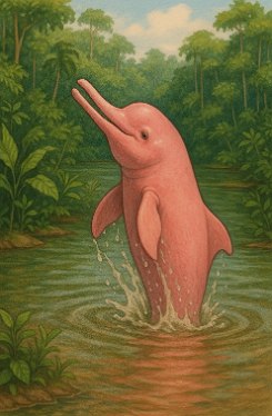 Desenho mostrando um boto-cor-de-rosa saindo de um rio da amaz&ocirc;nia