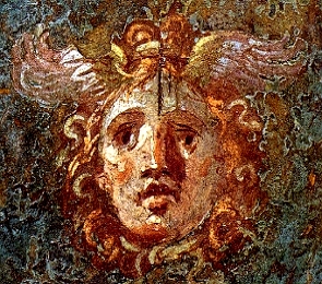Pintura de um rosto feminino com serpentes na cabeça
