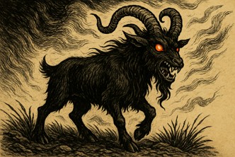 Ilustra&ccedil;&atilde;o da lenda da Cabra Cabriola. Cabra de cor preta, com olhos vermelhos e dentes afiados.
