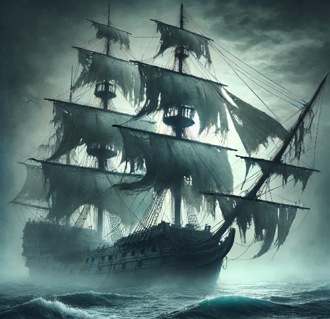 Ilustra&ccedil;&atilde;o mostrando um navio fantasma a noite no mar.