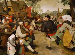 Camponeses da Idade Média num momento de vida comunitária, provavelmente uma festa.