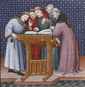 Pintura medieval mostrando monges cantando