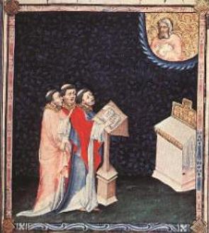 Pintura medieval mostrando monges cantando
