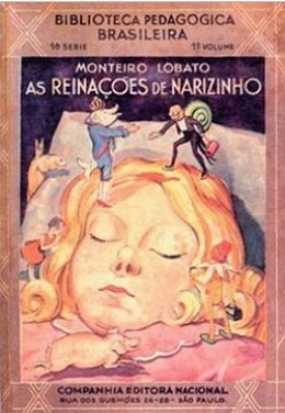Capa amarelada de um livro antigo com o rosto de uma menina loira na capa