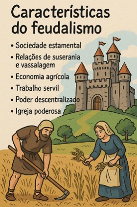 Ilustra&ccedil;&atilde;o mostrando um castelo, camponeses trabalhando e um texto com as principais caracter&iacute;sticas do feudalismo