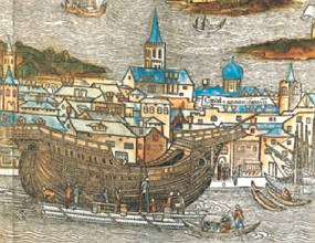 Gravura do século XV mostrando a construção de uma caravela.